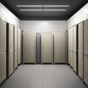 Different types of toilets partitions in public washrooms